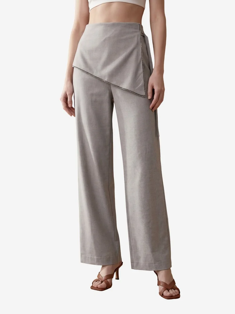 My Fashion Light Grey MY FASHION High-Waist Wide-Leg Crepe Trousers for Women | Best Price UAE