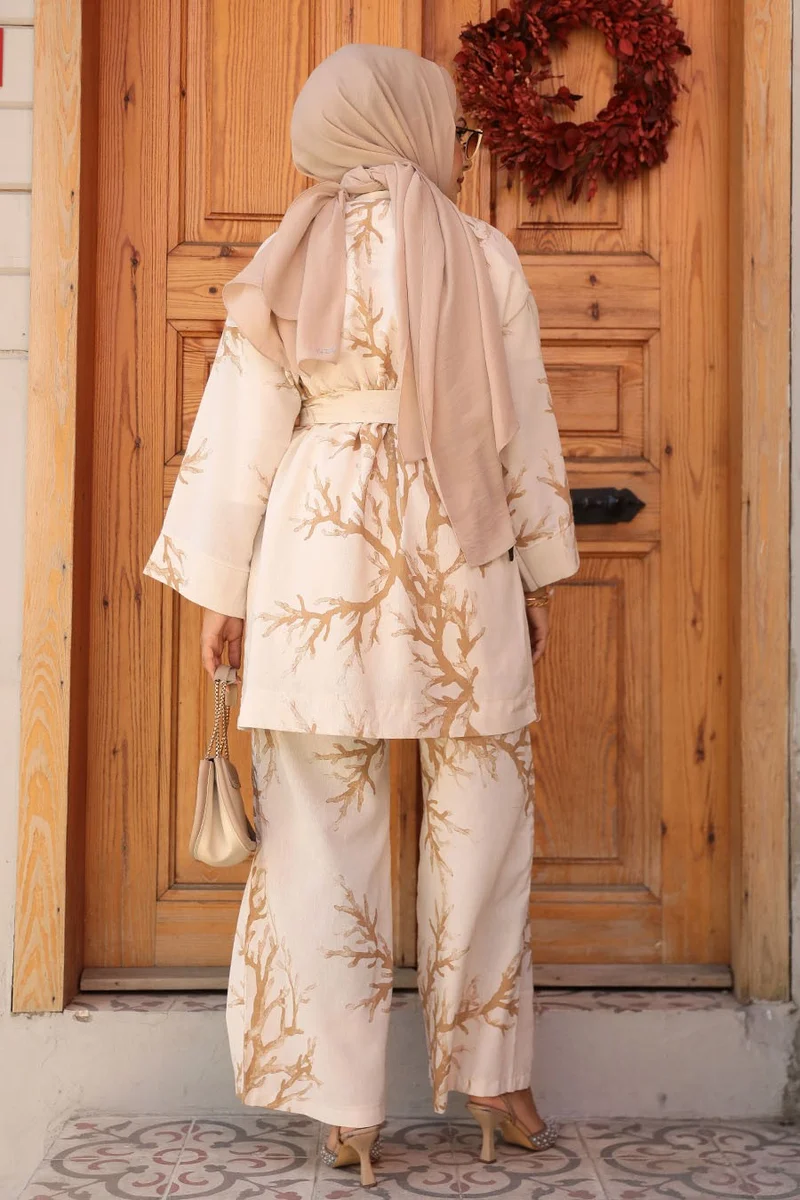 Neva Style Patterned Camel Hijab Two Piece Kimono Set 12121C
