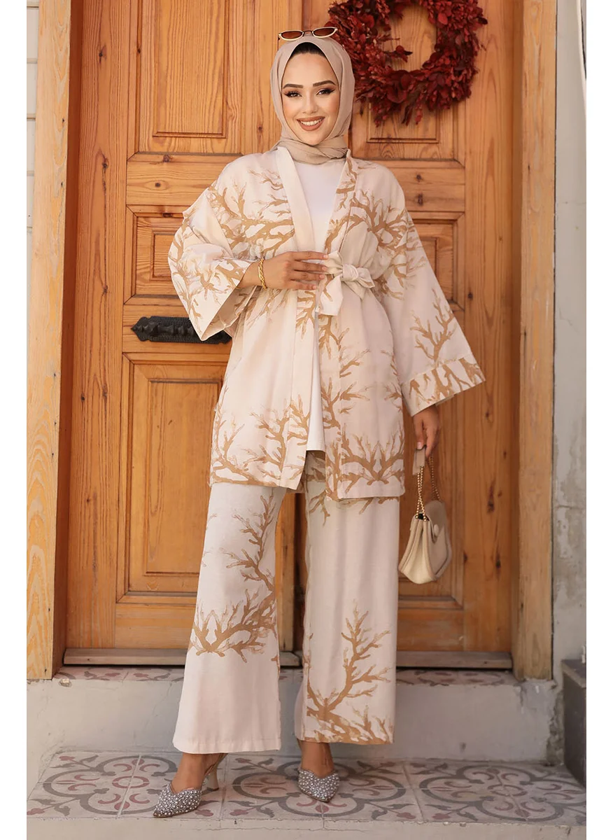 Neva Style Patterned Camel Hijab Two Piece Kimono Set 12121C