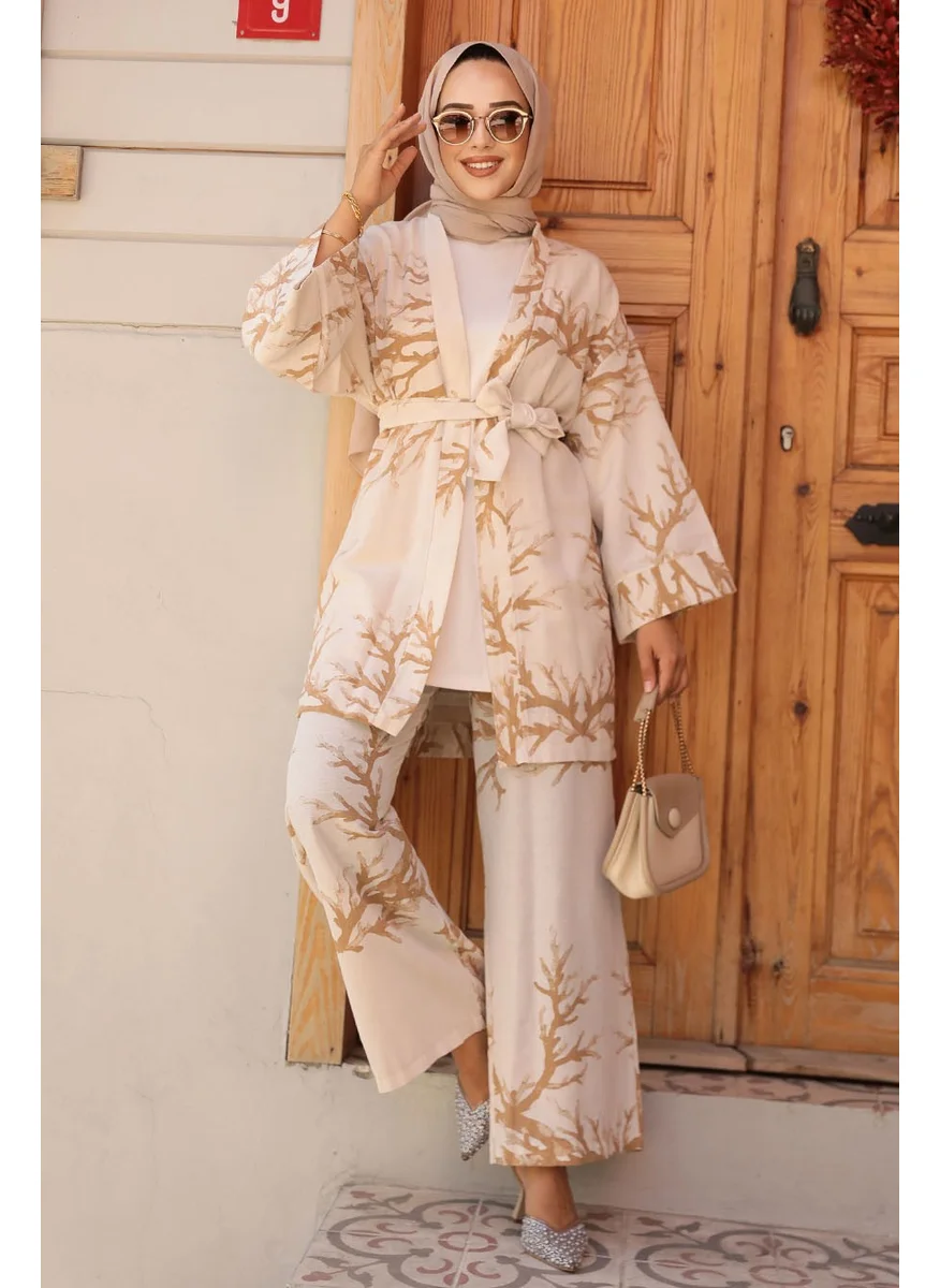 Neva Style Patterned Camel Hijab Two Piece Kimono Set 12121C