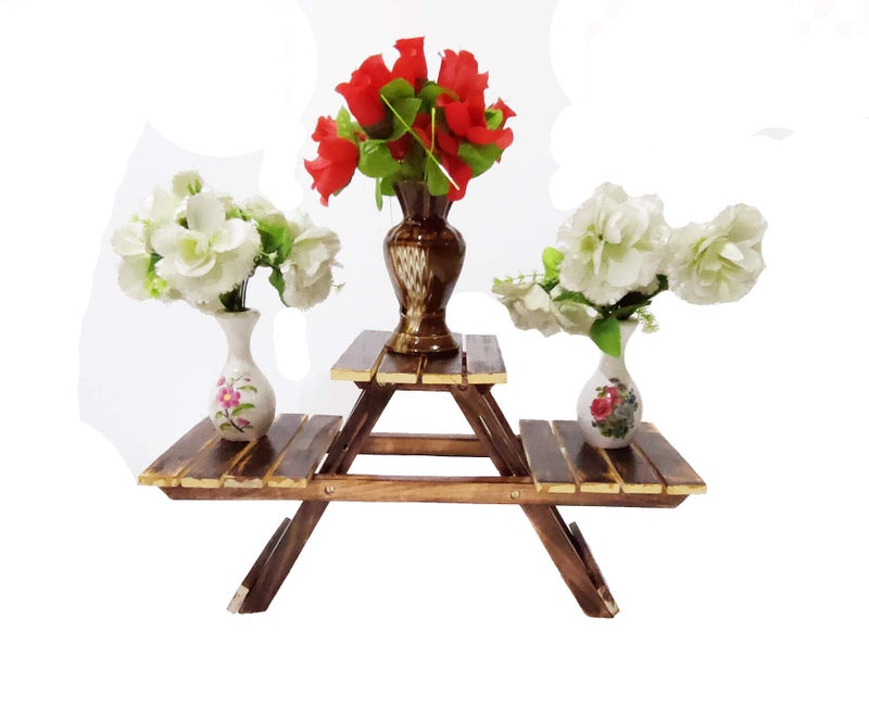 DECORVAIZ Vintage Wooden Multipurpose Folding Rack/Plant Stand with 3 Decks/Living Room Side Stand/Wooden Stool/Flower Pot Stand/Vase Stand Plant Stand for Garden and Outdoors - Image 2
