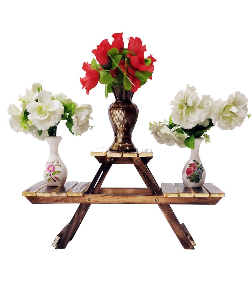 DECORVAIZ Vintage Wooden Multipurpose Folding Rack/Plant Stand with 3 Decks/Living Room Side Stand/Wooden Stool/Flower Pot Stand/Vase Stand Plant Stand for Garden and Outdoors - Image 1