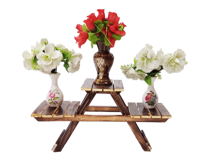 DECORVAIZ Vintage Wooden Multipurpose Folding Rack/Plant Stand with 3 Decks/Living Room Side Stand/Wooden Stool/Flower Pot Stand/Vase Stand Plant Stand for Garden and Outdoors - Image 3