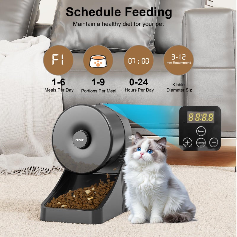 NPET 3L Automatic Cat Feeder, Wheel Shaped Dry Food Dispenser Timed Pet Feeder for Cats and Small Dogs, 1-6 Meals Per Day - Programmable Portion Control (Black, Basic Version) - Image 2