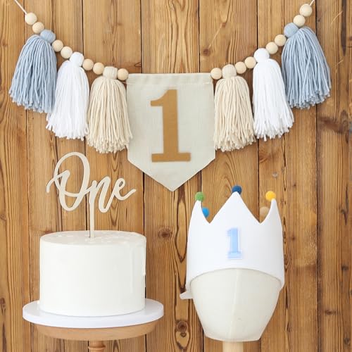 DCJHFJ Baby Boy 1st Birthday Party Decorations For Handmade Tassel Garland Highchair Banner With Cake Topper Crown Hat - Image 2