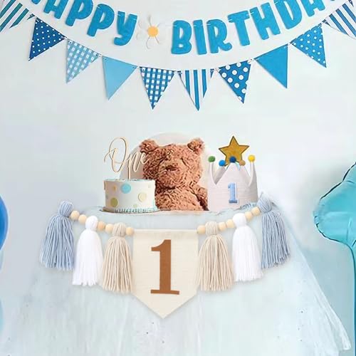 DCJHFJ Baby Boy 1st Birthday Party Decorations For Handmade Tassel Garland Highchair Banner With Cake Topper Crown Hat - Image 5