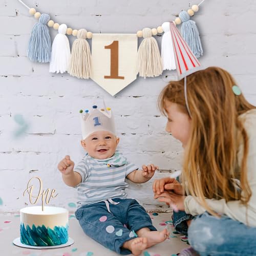 DCJHFJ Baby Boy 1st Birthday Party Decorations For Handmade Tassel Garland Highchair Banner With Cake Topper Crown Hat - Image 4