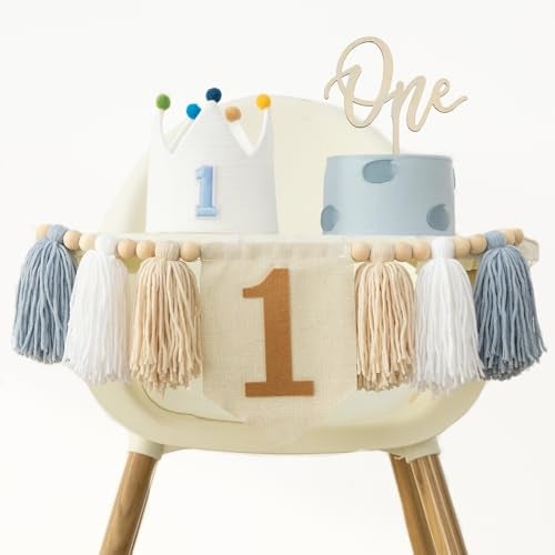 DCJHFJ Baby Boy 1st Birthday Party Decorations For Handmade Tassel Garland Highchair Banner With Cake Topper Crown Hat - Image 1
