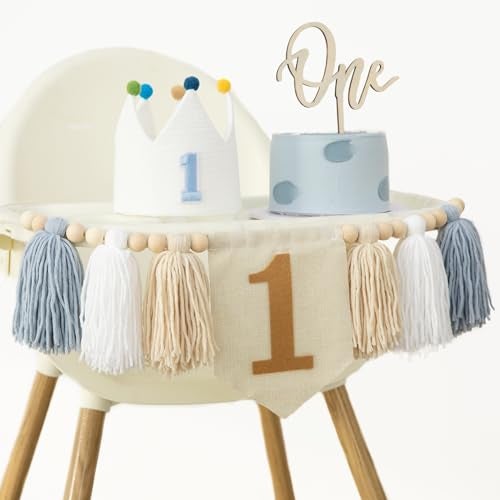 DCJHFJ Baby Boy 1st Birthday Party Decorations For Handmade Tassel Garland Highchair Banner With Cake Topper Crown Hat - Image 3