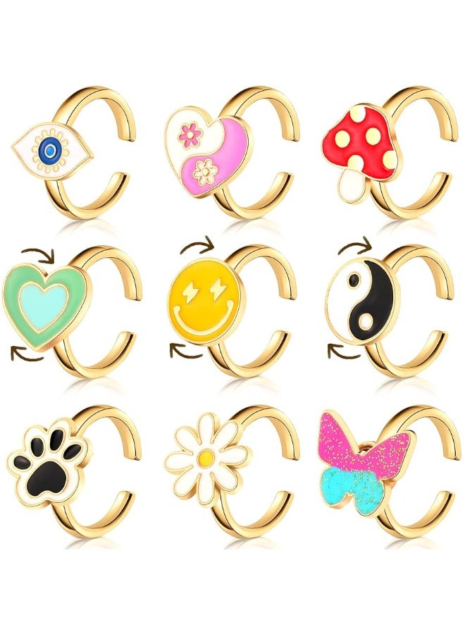 Sureio 9 Pieces Fidget Anxiety Rings Rotatable Open Ring Set Cute Spinner Rings for Anxiety Stackable Rotating Rings Calming Worry Adjustable Rings for Women Ladies Mood Relieve Stress (Cartoon Style)â€¦ - Image 1