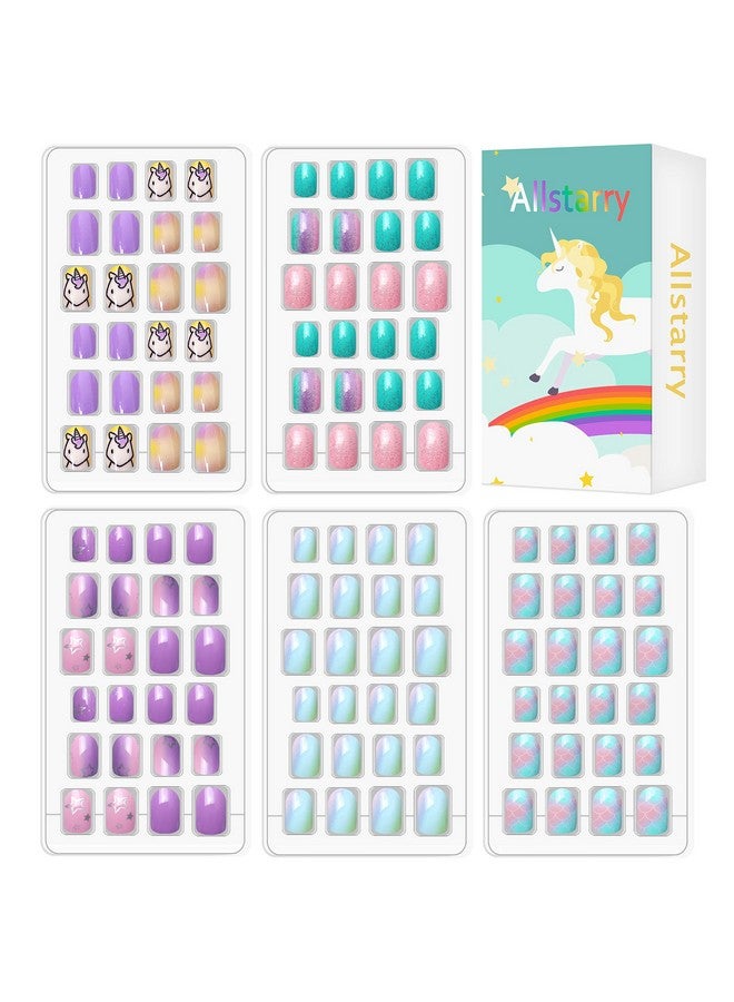 Allstarry 120Pcs 5 Pack Children Nails Press On Preglue Full Cover Glitter Gradient Color Rainbow Short False Nail Kits Lovely Gift For Children Little Girls Nail Art Decoration Purple Unicorn - Image 1