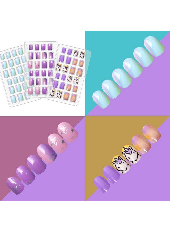 Allstarry 120Pcs 5 Pack Children Nails Press On Preglue Full Cover Glitter Gradient Color Rainbow Short False Nail Kits Lovely Gift For Children Little Girls Nail Art Decoration Purple Unicorn - Image 5