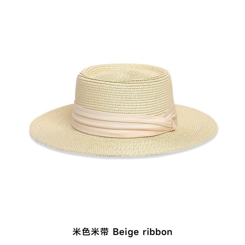 New French Flat Top Hat for Women - Large Size Beach Holiday Sun Hat with Wide Brim