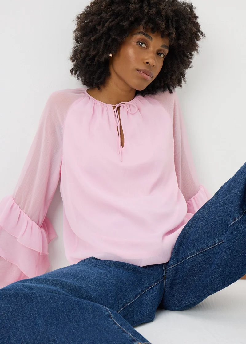 Matalan Pink Frill Sleeve Tie Neck Blouse
