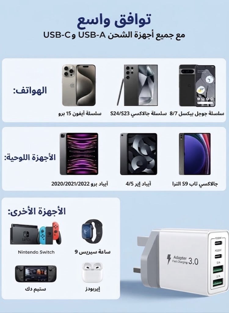 باروكس شاحن حائط USB-C سريع بقدرة 40 واط، متعدد المنافذ (4 منافذ)، يدعم الشحن السريع PD وQC، محول طاقة بمنفذ USB Type-C ومنافذ USB متعددة، مناسب لأجهزة iPhone 17 و16 و15 و14 و13 و12 و11 Pro Max وXS وXR و8، وأجهزة Samsung وiPad. - Image 5