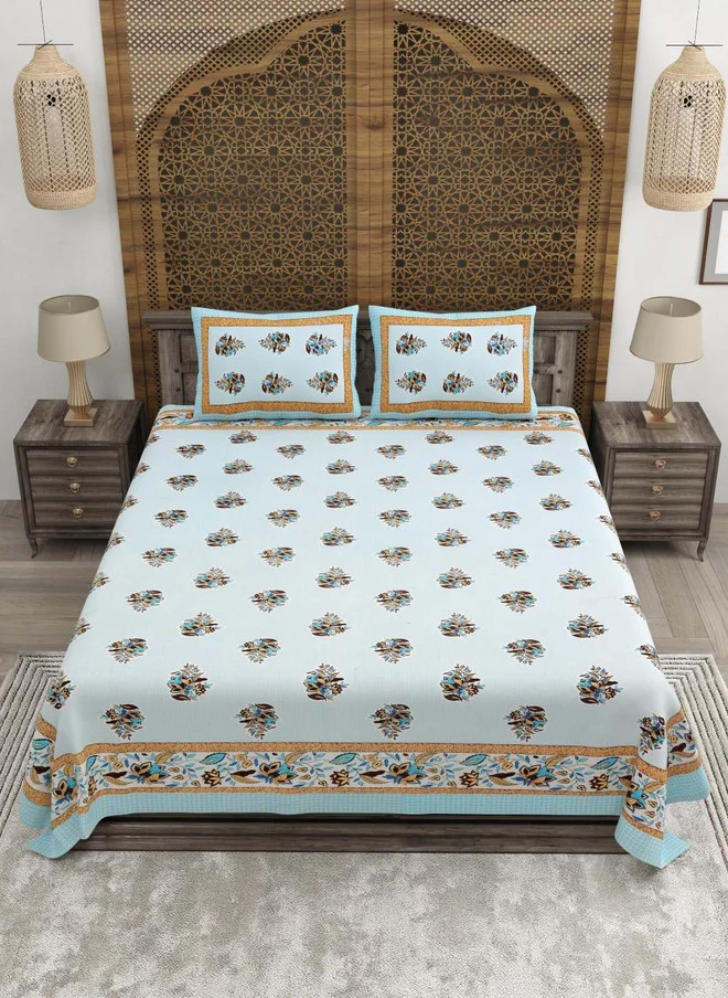 CLOTHOLOGY CLOTHOLOGY Blue & Brown Floral Printed Cotton 240 TC King Bedsheet Set