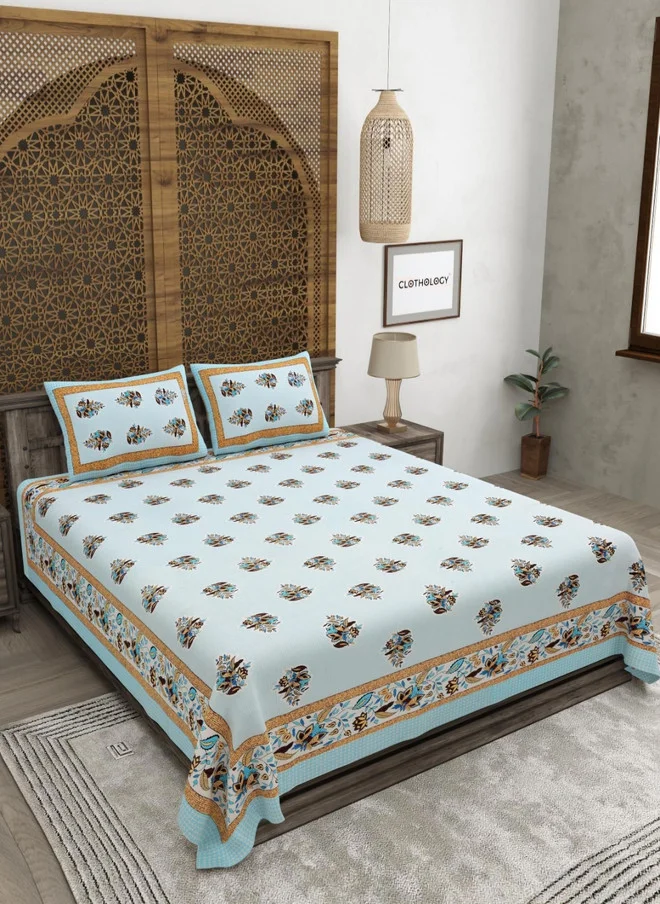 CLOTHOLOGY CLOTHOLOGY Blue & Brown Floral Printed Cotton 240 TC King Bedsheet Set