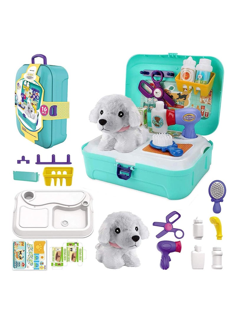 MIXDE Pet Care Play toys Set Doctor Kit for Kids 16 Pcs Doctor Pretend Play Vet Dog Grooming Toys Pet Veterinarian Medical Role Play Set Dog Backpack Gifts for Girls Boys 3-7 Years Old  - Image 1