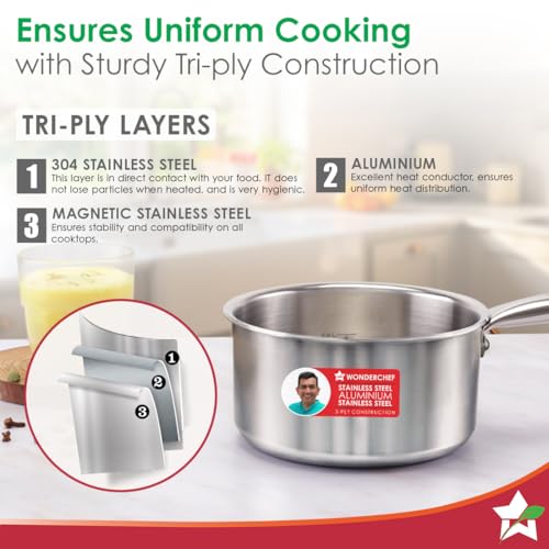 Wonderchef Stella Triply Stainless Steel Milk Pan | 16 cm, 1.7 litres | Compatible with Gas Stove, Induction, Ceramic Cooktop | Non-Toxic | Uniform Heating | Heavy-Duty Handle | 10-Year Warranty - Image 3