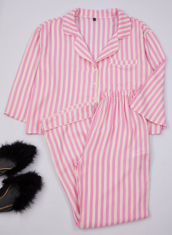 trendyol Pink-Multicolored Striped Viscose Woven Pajama Set 