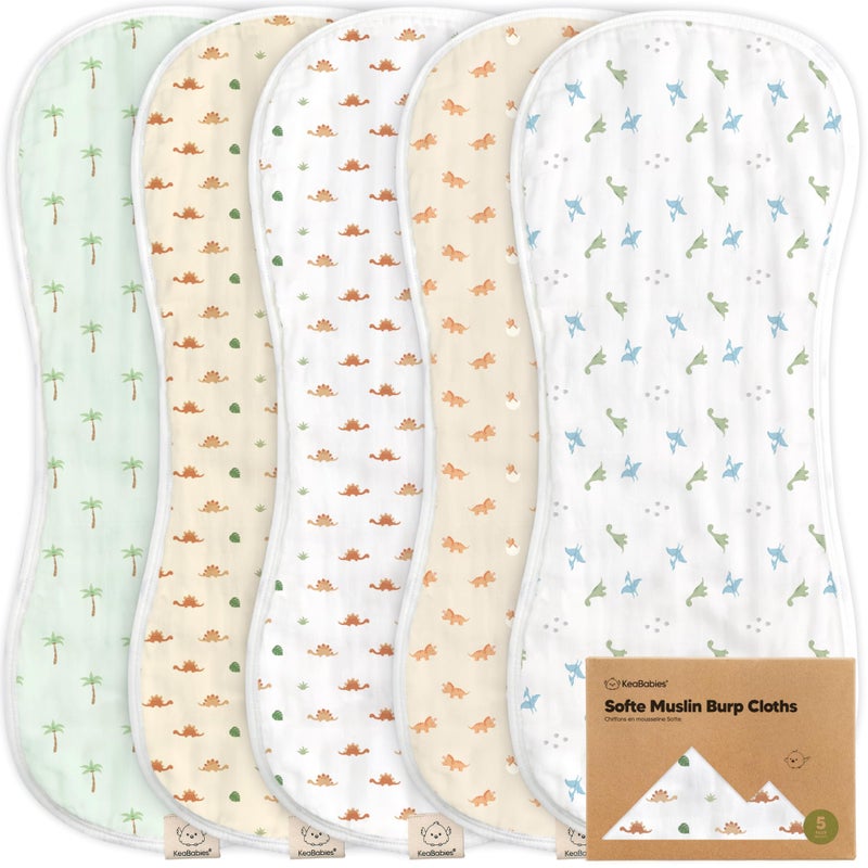 KeaBabies 5-Pack Muslin Burp Cloths Baby Boy, Girl - Very Absorbent Baby Burp Cloth Rags, 8-Layers Viscose Derived from Bamboo Cotton Muslin Towel, Super Soft Spit Up Rags, No Shrink Washcloths (Roarsome) - Image 1