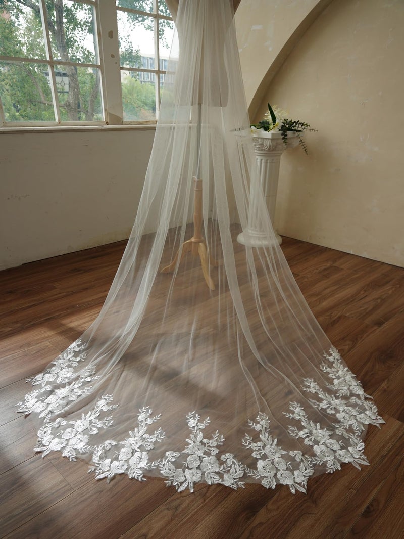 AiberLisha Chapel Length Sequin Lace Floral Wedding Bridal Veil with Comb Ivory - Image 4