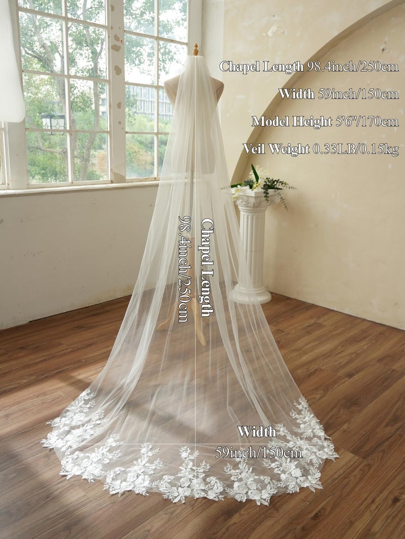 AiberLisha Chapel Length Sequin Lace Floral Wedding Bridal Veil with Comb Ivory - Image 2