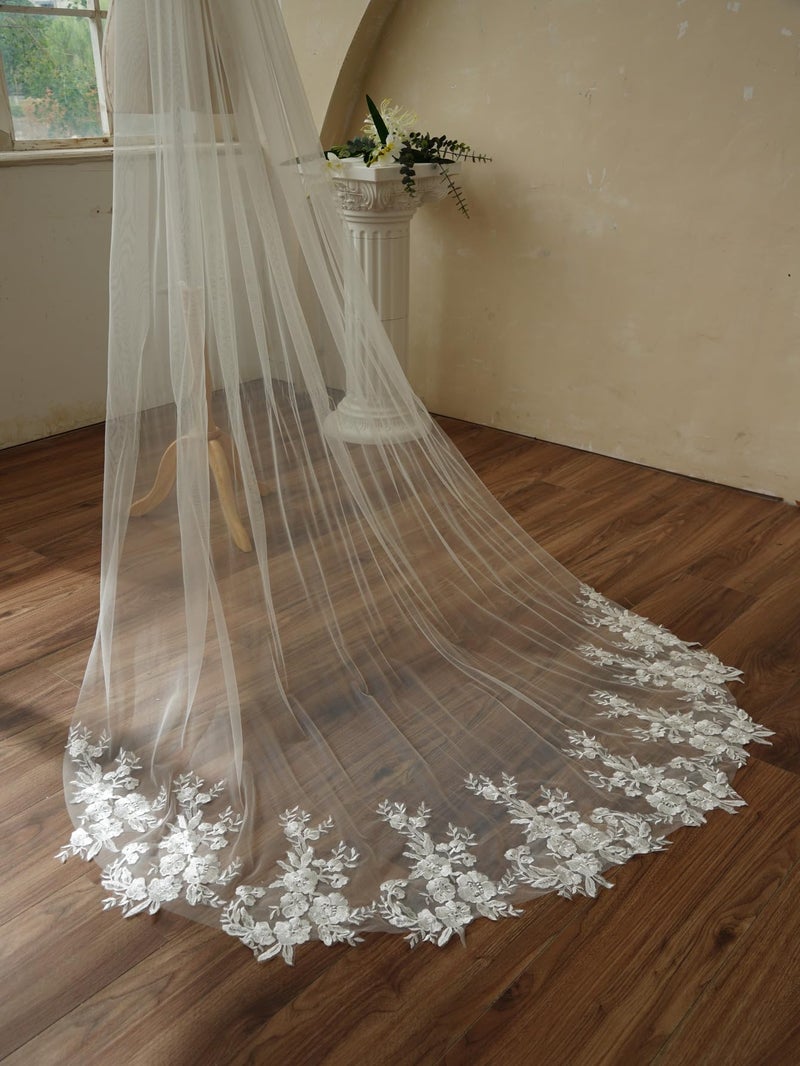 AiberLisha Chapel Length Sequin Lace Floral Wedding Bridal Veil with Comb Ivory - Image 5