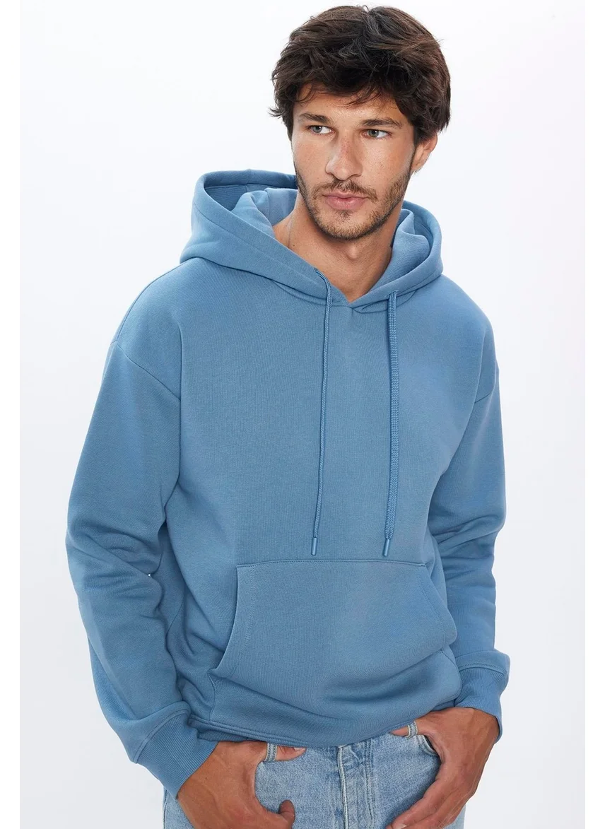 Tudors Unisex Oversize Wide Cut Cotton Soft Textured Polar Fleece Basic Indigo Hooded Sweatshirt