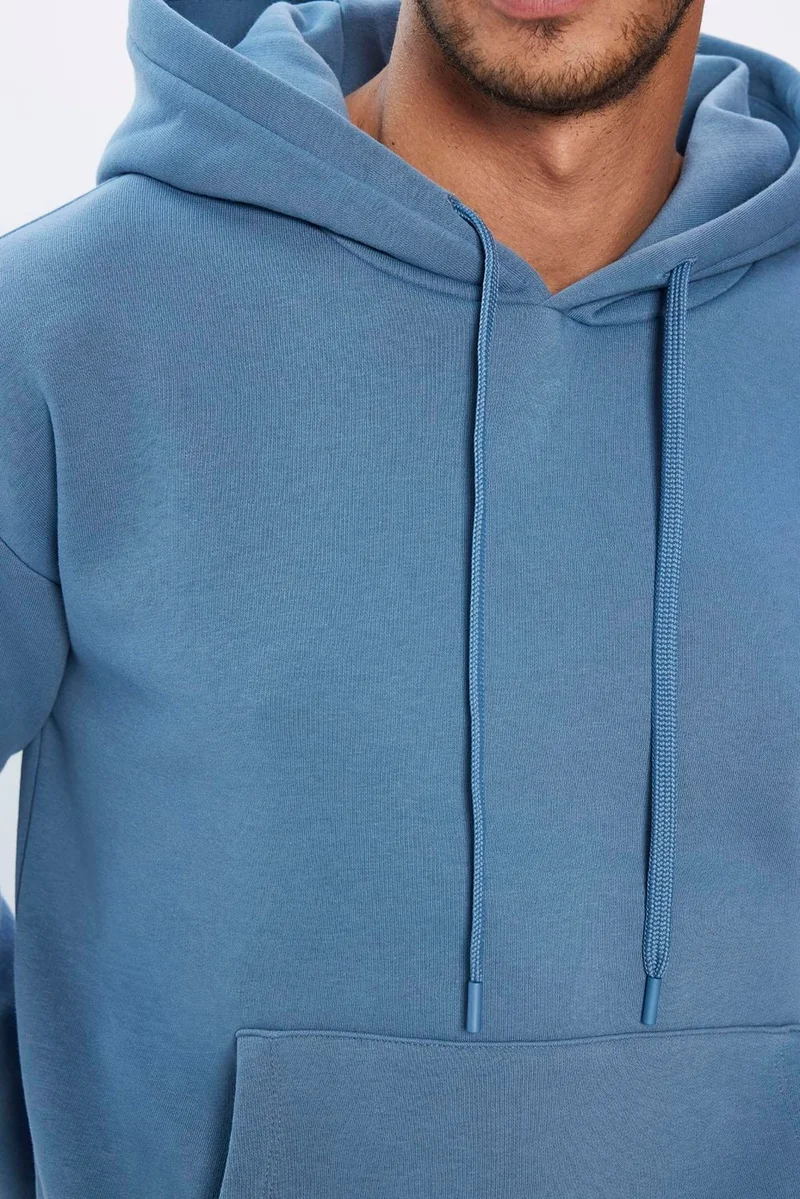 Tudors Unisex Oversize Wide Cut Cotton Soft Textured Polar Fleece Basic Indigo Hooded Sweatshirt