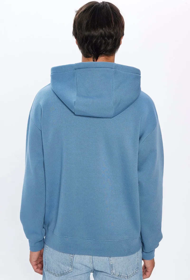 Tudors Unisex Oversize Wide Cut Cotton Soft Textured Polar Fleece Basic Indigo Hooded Sweatshirt