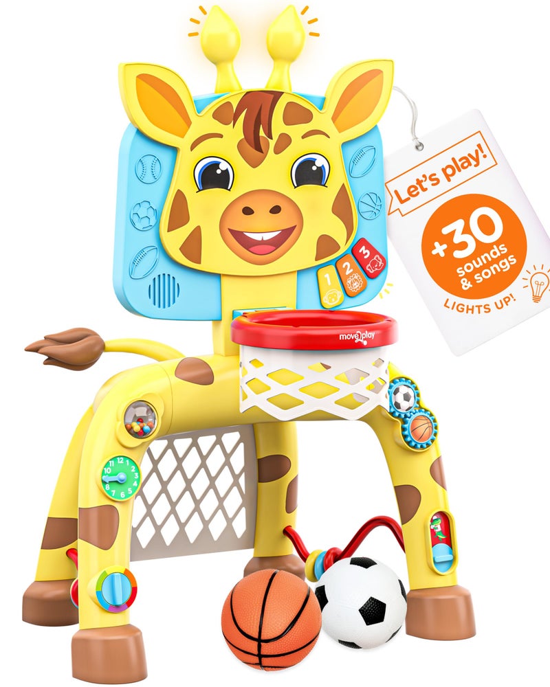 Move2Play, Giraffe Basketball Hoop & Soccer Goal Activity Center | 30+ Sounds & Songs + 5 Lights | 1 2 3 Year Old Birthday Gift for Boys and Girls | Toy for Baby & Toddlers (Yellow) - Image 1