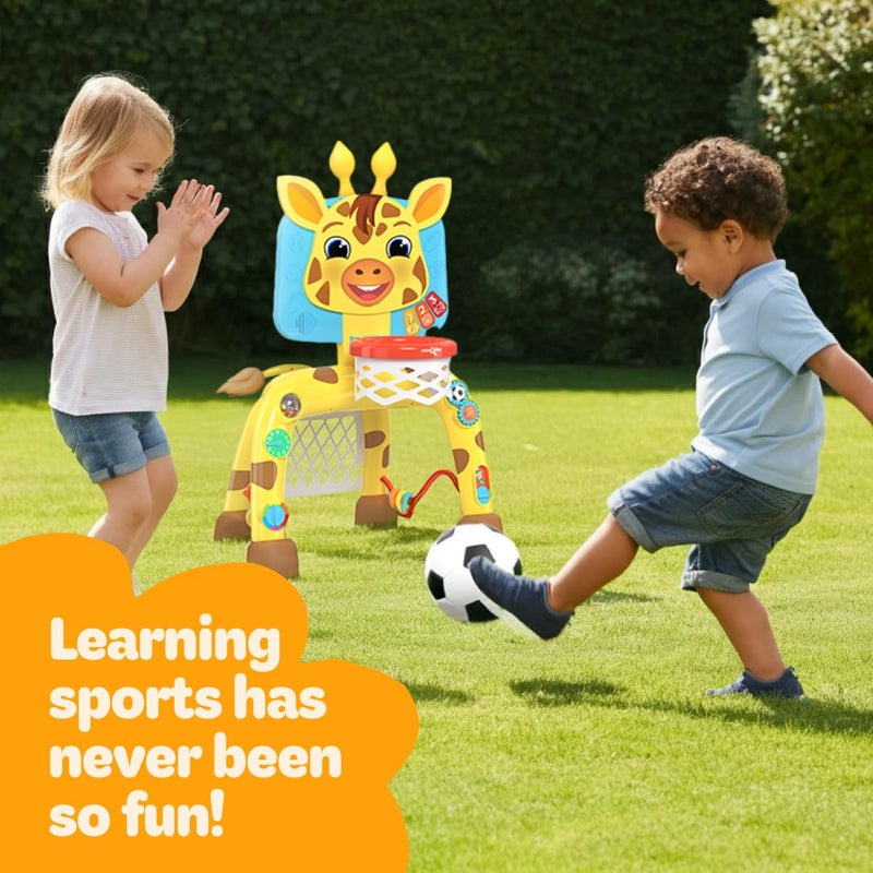 Move2Play, Giraffe Basketball Hoop & Soccer Goal Activity Center | 30+ Sounds & Songs + 5 Lights | 1 2 3 Year Old Birthday Gift for Boys and Girls | Toy for Baby & Toddlers (Yellow) - Image 5