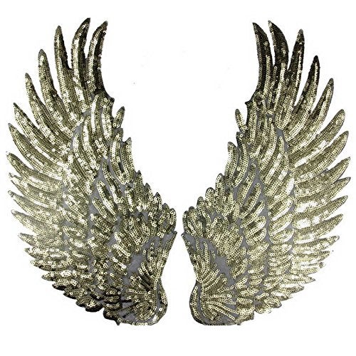 Zhiheng 1 Pair Jumbo Angel Wings Sequin Patches Iron on Sew on Appliques Embroidered Motif for DIY Clothing Accessories Antique Gold