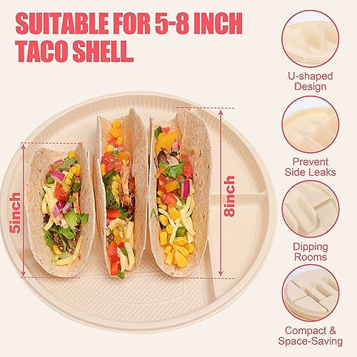 LUVCOSY Large Disposable Taco Plates with Room for Sides, Biodegradable Cornstarch, Fits 6-8 Inch Soft or Hard Tortillas, Perfect for Taco Tuesdays, Party, Night, Bar, and Fiesta, Microwave Safe – 60 Pack - Image 5