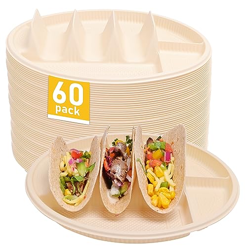 LUVCOSY Large Disposable Taco Plates with Room for Sides, Biodegradable Cornstarch, Fits 6-8 Inch Soft or Hard Tortillas, Perfect for Taco Tuesdays, Party, Night, Bar, and Fiesta, Microwave Safe – 60 Pack - Image 1
