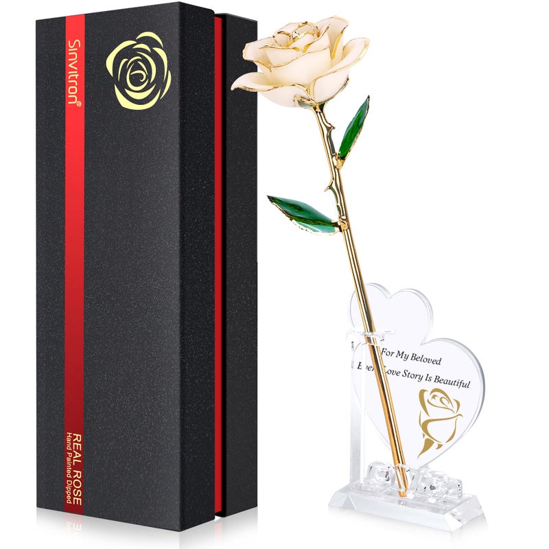 Sinvitron Gold Dipped Rose 24K Real Rose  Long Stem Hand Dipped in 24k Gold Rose Unique Romantic Gifts for Women in Her Birthday  Anniversary Valentines Day  for mom (White) - Image 1