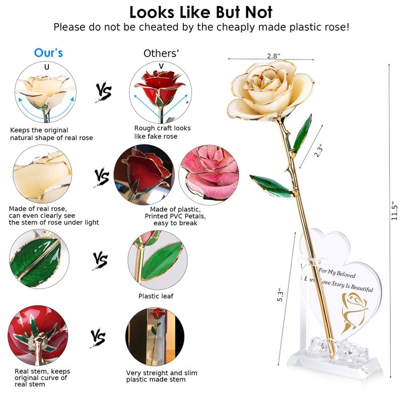 Sinvitron Gold Dipped Rose 24K Real Rose  Long Stem Hand Dipped in 24k Gold Rose Unique Romantic Gifts for Women in Her Birthday  Anniversary Valentines Day  for mom (White) - Image 3