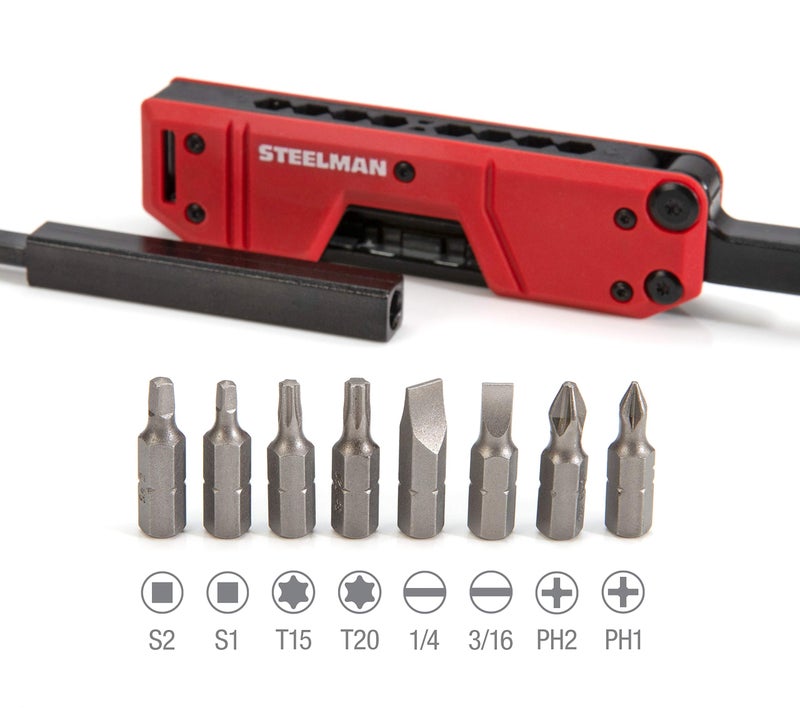 Steelman 10-In-1 Multi-Tip Folding Magnetic Pocket Screwdriver with Carrying Clip and Bottle Opener, Includes 3/16" and 1/4" Slotted, PH1, PH2, T15, T20, S1 and S2 Bits - Image 2
