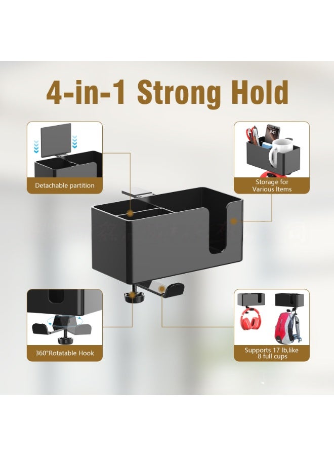 هاي هيلوك حامل أكواب مكتبي 4 في 1 مع شماعة سماعات رأس - شماعة سماعات رأس دوارة وفتحت تخزين قابلة للفك للأكواب والهاتف والقلم (أسود) - Image 3