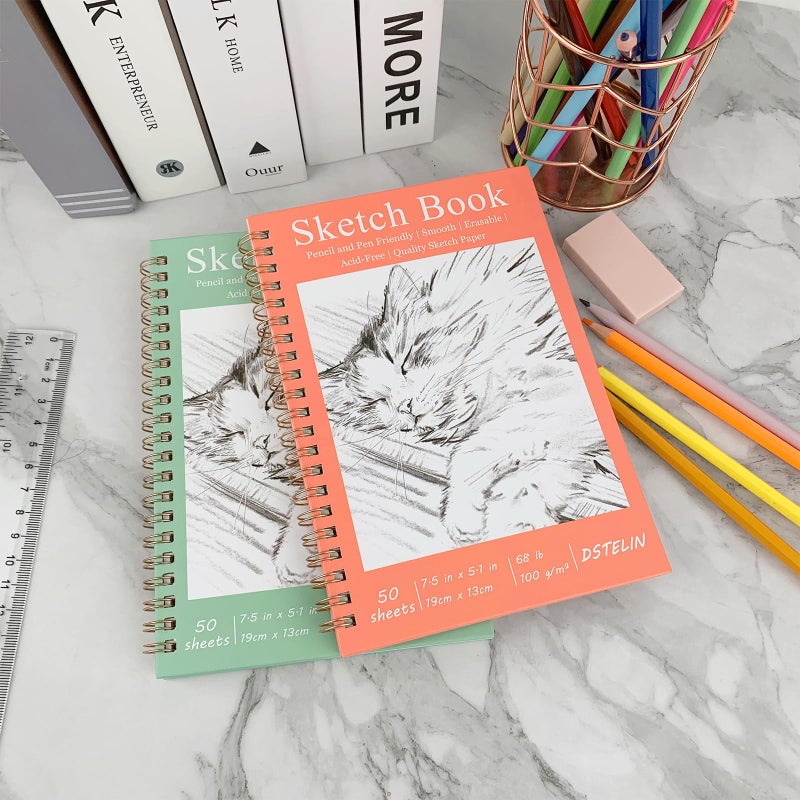 DSTELIN 2 Pack Hardcover Sketchbooks (100 GSM Sketch Paper), 7.5x5.1 Inch Spiral Sketch Book for Sketching, Drawing, Painting, 50 Sheets per Pack, Pink and Green - Image 5