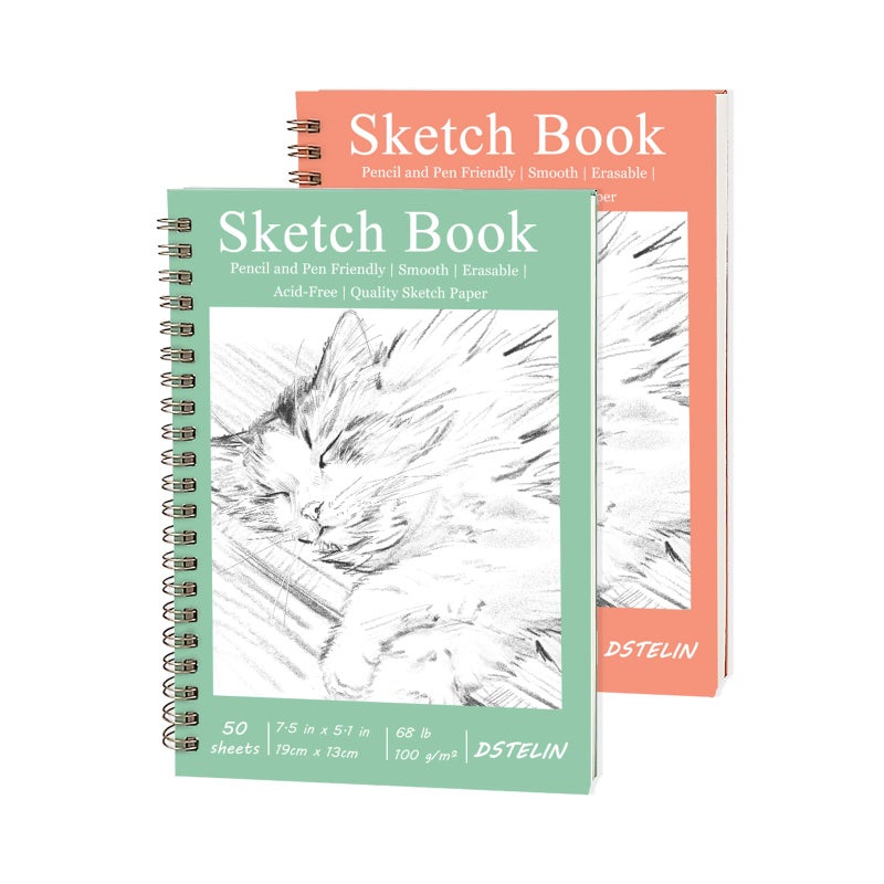 DSTELIN 2 Pack Hardcover Sketchbooks (100 GSM Sketch Paper), 7.5x5.1 Inch Spiral Sketch Book for Sketching, Drawing, Painting, 50 Sheets per Pack, Pink and Green - Image 1