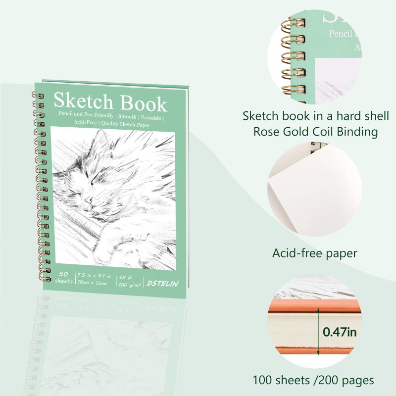 DSTELIN 2 Pack Hardcover Sketchbooks (100 GSM Sketch Paper), 7.5x5.1 Inch Spiral Sketch Book for Sketching, Drawing, Painting, 50 Sheets per Pack, Pink and Green - Image 3
