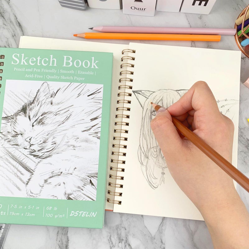 DSTELIN 2 Pack Hardcover Sketchbooks (100 GSM Sketch Paper), 7.5x5.1 Inch Spiral Sketch Book for Sketching, Drawing, Painting, 50 Sheets per Pack, Pink and Green - Image 4