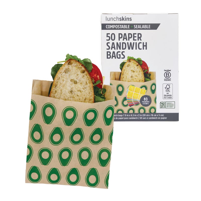 Lunchskins Compostable Sandwich Bags â€“ 50 Count | Avocado Design | Eco-Friendly Food Storage Bags Made from Unbleached Kraft Paper with Recyclable Resealable Stickers - Image 1