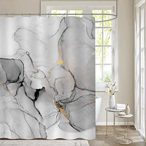 Gibelle Grey Marble Shower Curtain Set, Abstract Silver Gold Stripes Fabric, Modern Ink Art Decor Waterproof for Bathroom, 71x71 - Image 1