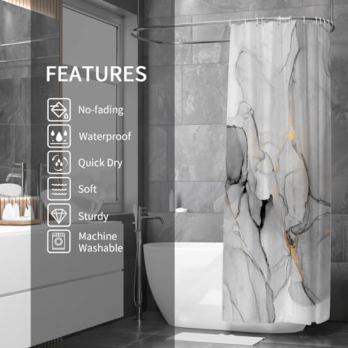 Gibelle Grey Marble Shower Curtain Set, Abstract Silver Gold Stripes Fabric, Modern Ink Art Decor Waterproof for Bathroom, 71x71 - Image 2