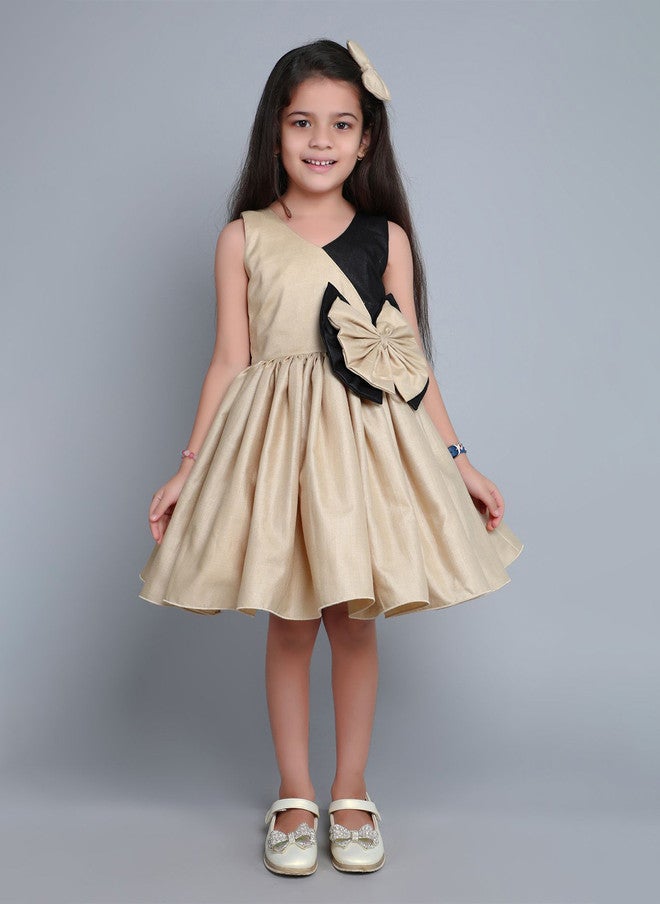 PinkChick Beige And Black Colourblocked Fit & Flare Dress For Girls - Image 1