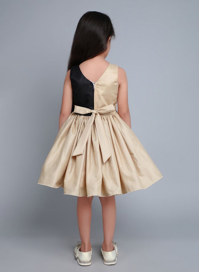 PinkChick Beige And Black Colourblocked Fit & Flare Dress For Girls - Image 5