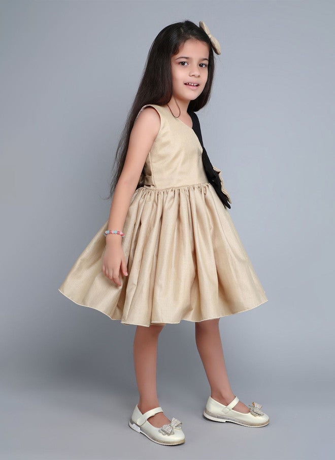 PinkChick Beige And Black Colourblocked Fit & Flare Dress For Girls - Image 3